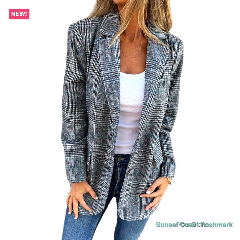 Tweed Blazer with Notch Lapel Collar and Side Pockets